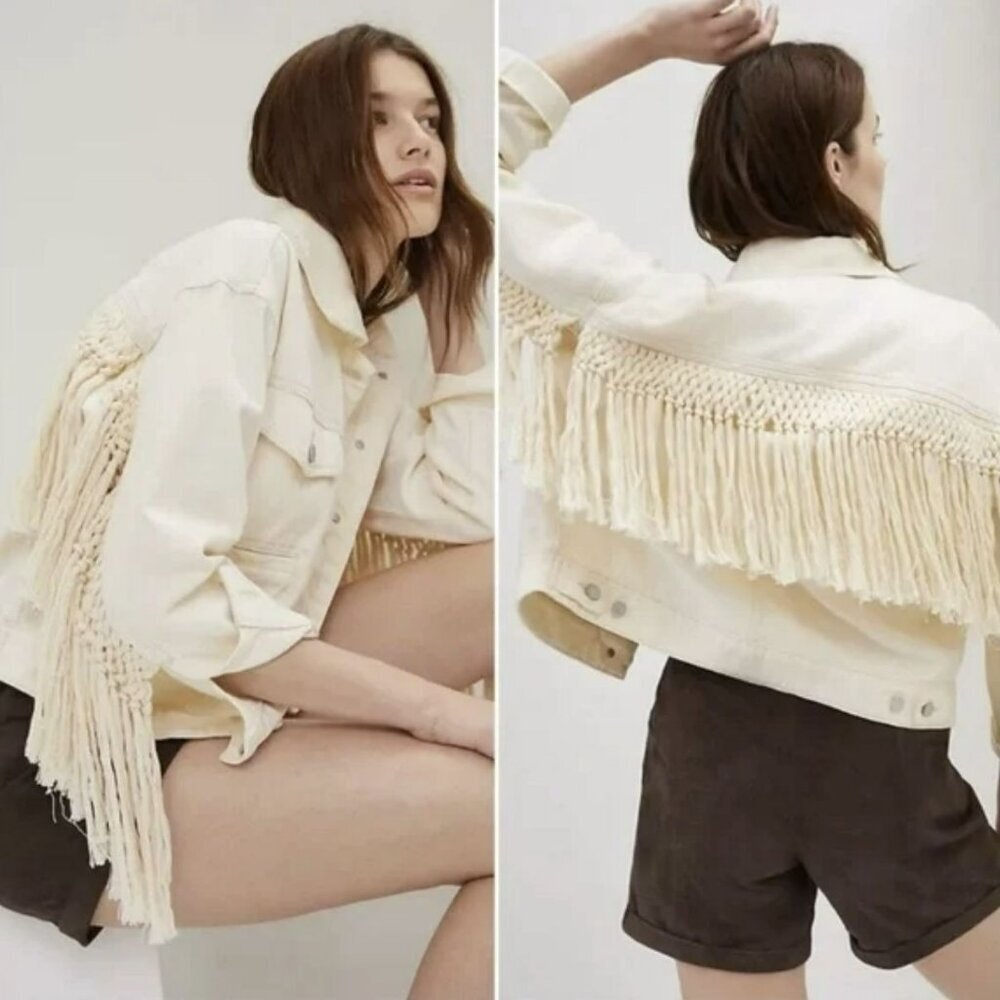 Blank NYC Cream Rope Fringe Denim Trucker Jacket Sz Large NWT - Picture 3 of 8